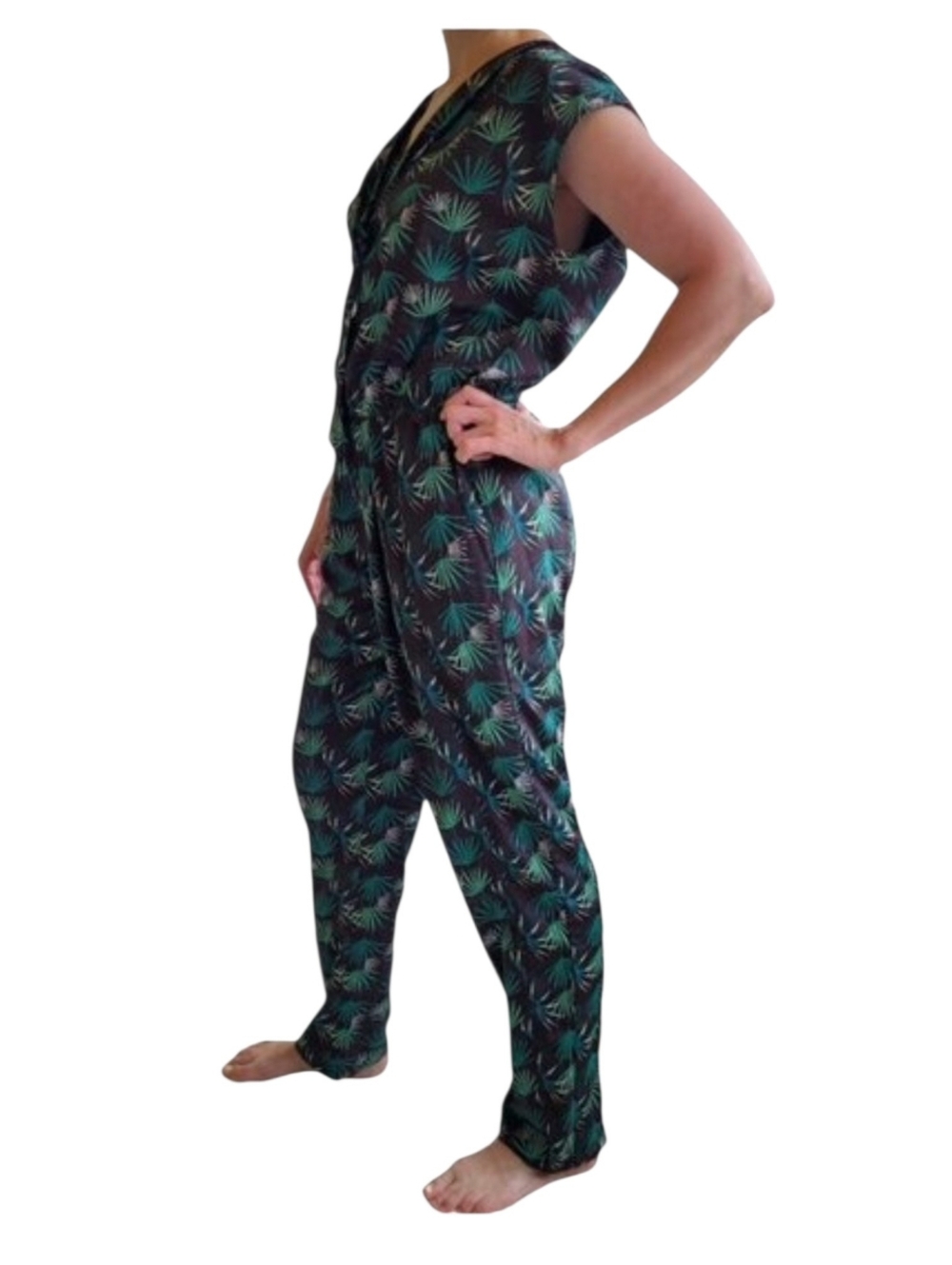 Anthropologie Eva Franco Green Leaf Print Jumpsuit Elastic Waist Medium Tie